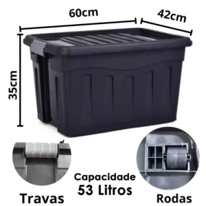 Caixa Organizadora Plástico Preta 53L com Trava e Roda