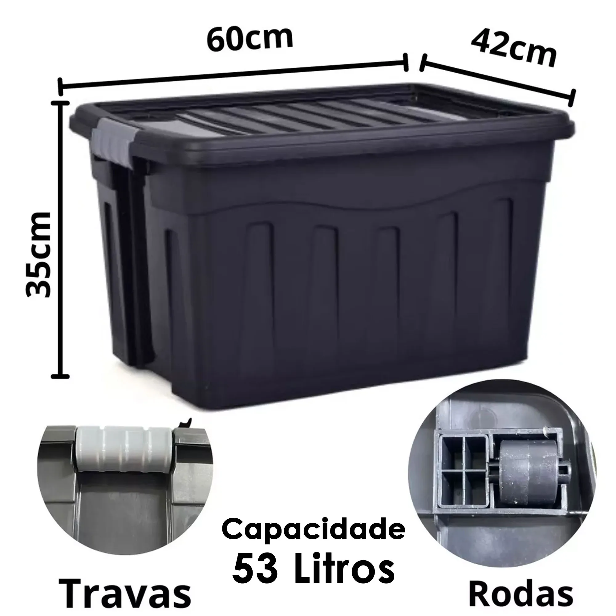 Caixa Organizadora Plástico Preta 53L com Trava e Roda
